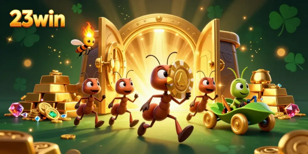 Experience the excitement of 23win with a dynamic scene of animated characters in a casino heist.