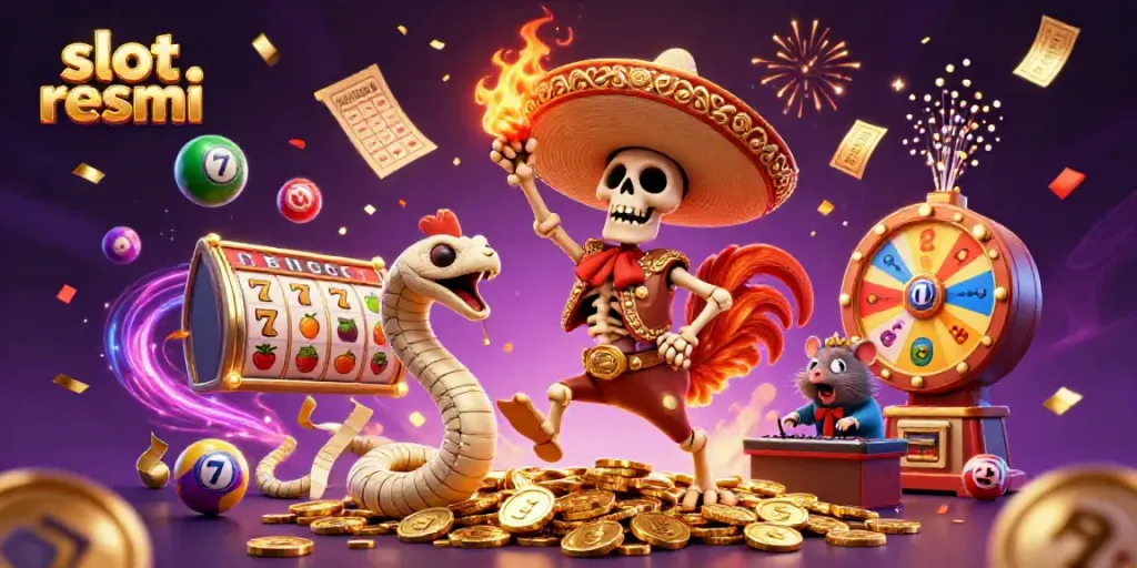Experience slot resmi excitement with a vibrant 3D illustration featuring a festive mariachi rooster and lucky gaming elements.