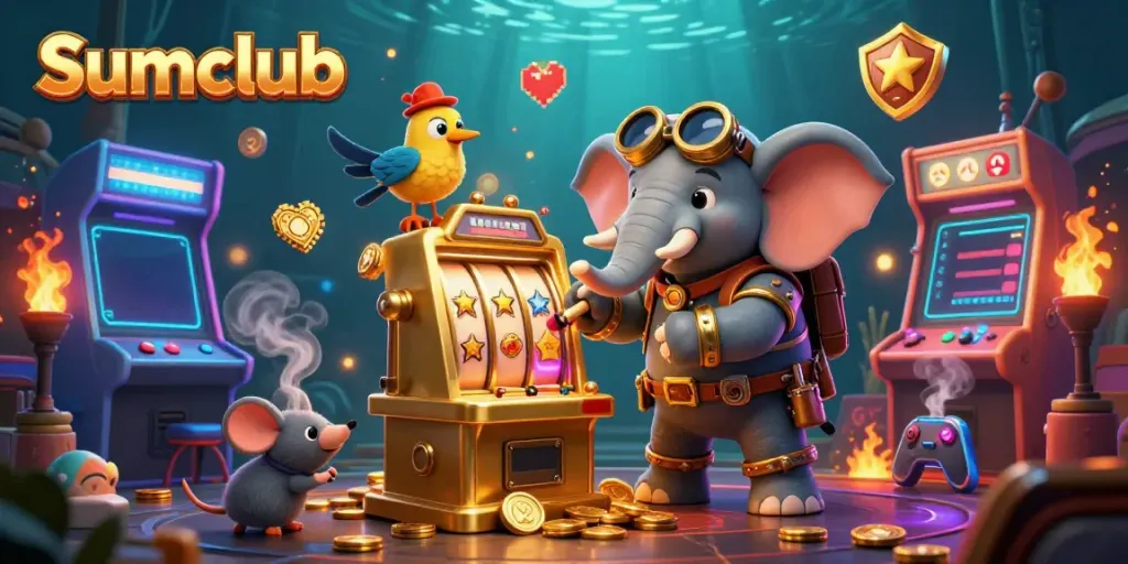 Sumclub's vibrant steampunk-themed casino scene featuring an elephant engineer and slot machine.