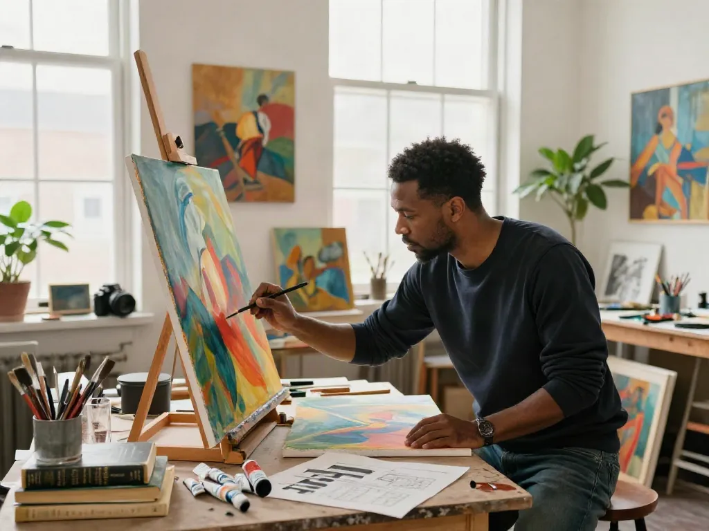 Bruce Bailey Toronto artist immersed in painting surrounded by vibrant art materials.