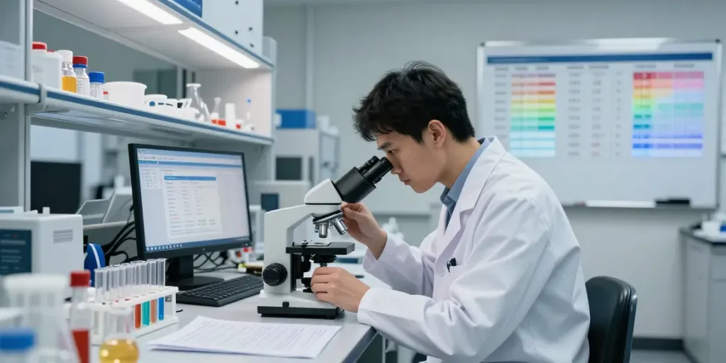 Scientist analyzing peptide samples with derek peptide price tool in lab