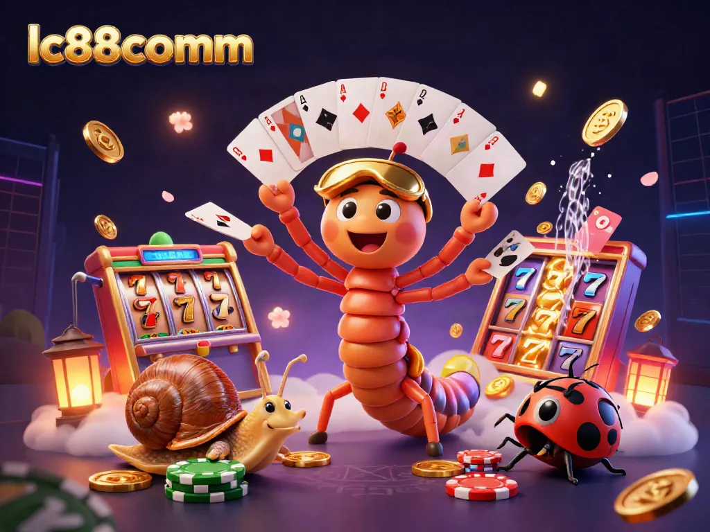 Experience thrilling luck with lc88comm at this vibrant casino-themed illustration featuring animated characters and games.