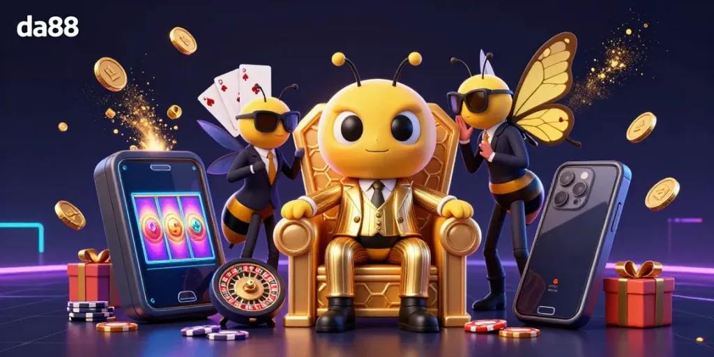Experience the thrill of da88 with a vibrant gambling scene featuring a bumblebee mob boss and dynamic game elements.