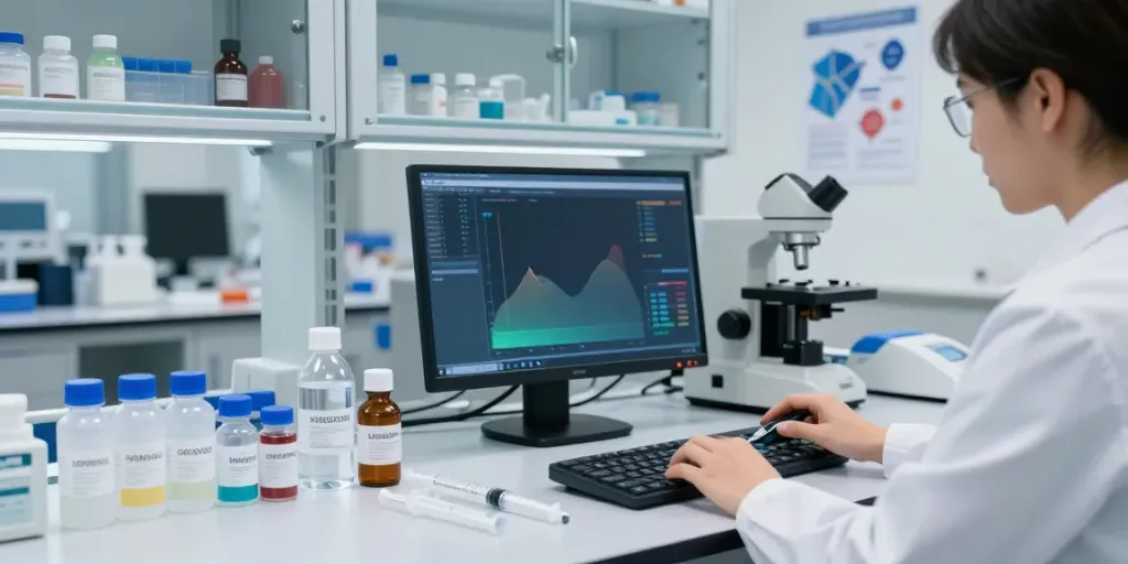 Using a peptide dosage calculator in a modern lab with vials and syringes for precise dosing.