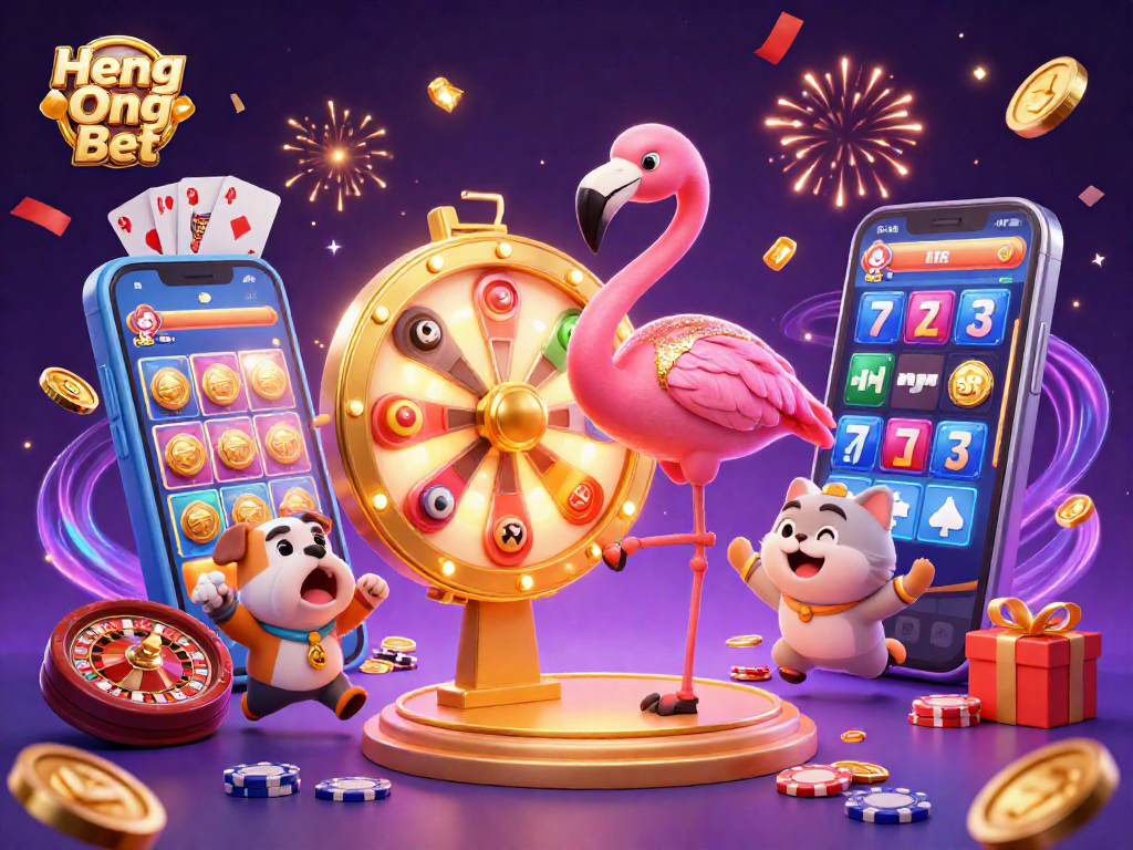 Heng Ong Bet vibrant scene with a game show host flamingo, bulldog contestant, and prize scoreboard cat celebrating wins