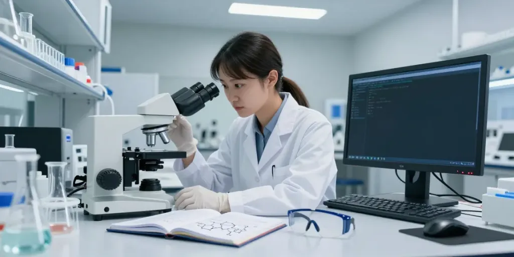 Buy research peptides in a high-tech laboratory with a scientist analyzing compounds.