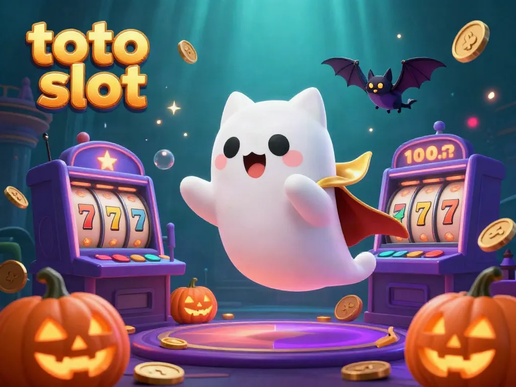 Experience the thrill of toto slot with a friendly ghost cat and vampire bat in a haunted casino setting.