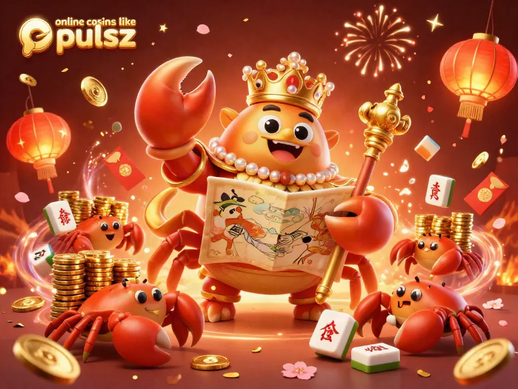 Join the excitement of online casinos like pulsz with this vibrant 3D illustration featuring a golden crab emperor and festive game elements.