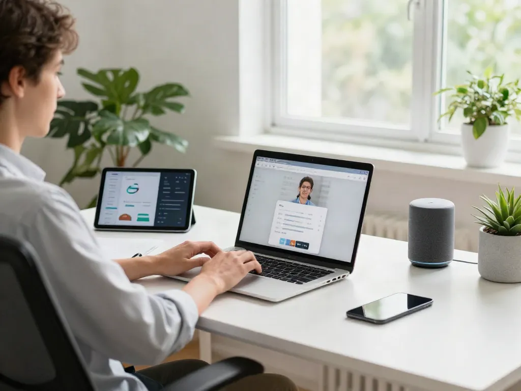 Person engaged in an online meeting while analyzing internet data on multiple devices in a bright home office.