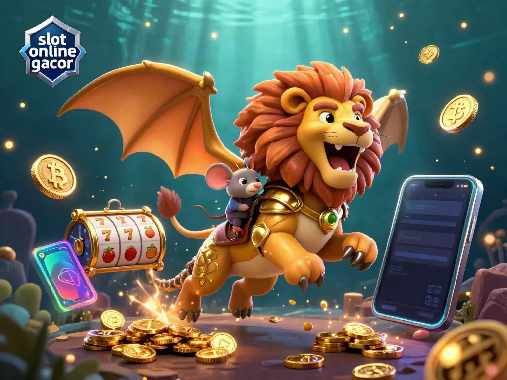 Engage in the thrill of slot online gacor with a dynamic 3D cartoon chimera and crypto elements.