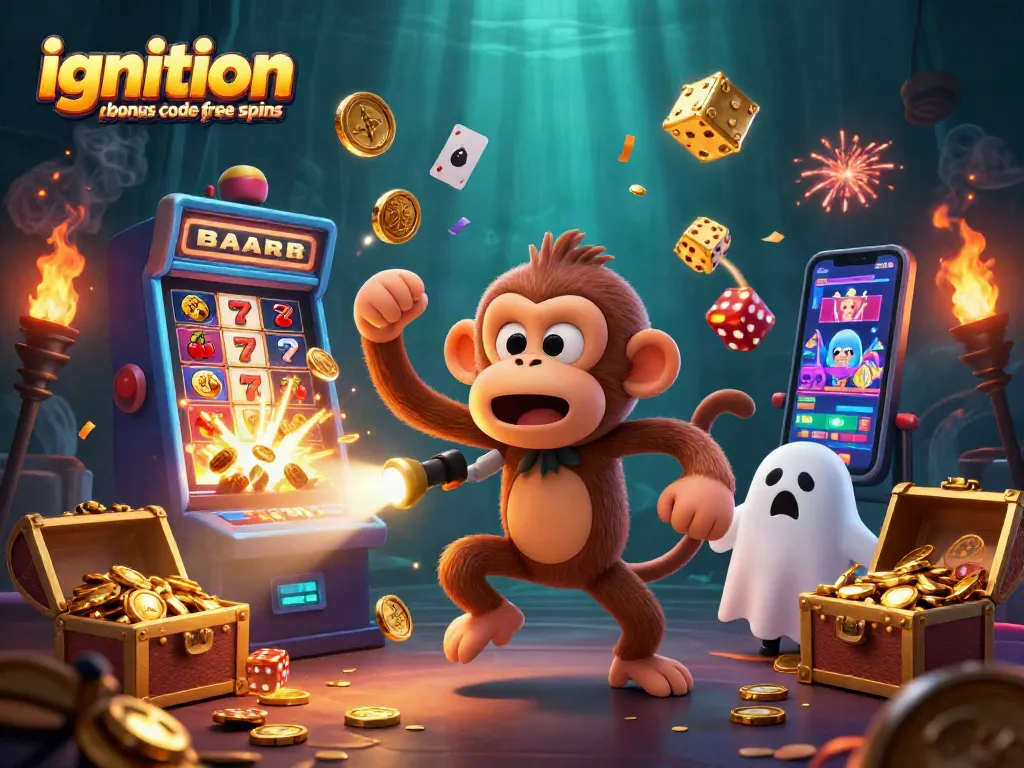 Engage with the ignition casino bonus code free spins as a poltergeist monkey juggles golden coins in a haunted casino.