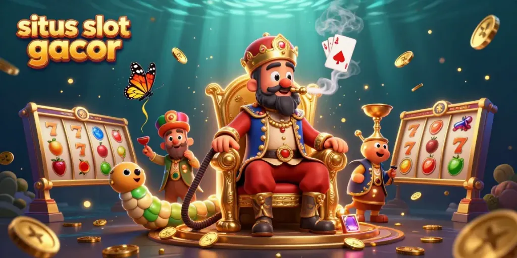 Situs slot gacor illustrated with a vibrant caterpillar hookah-master, golden mushrooms, and spinning slot reels.