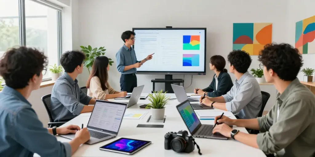 AI content creation for B2B marketers in a collaborative workspace filled with vibrant energy and technology.