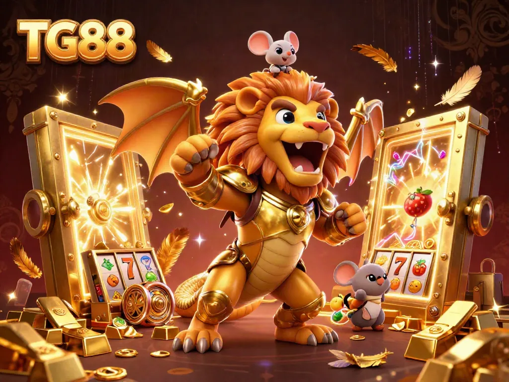 Engaging TG88 casino scene depicting a majestic chimera, gold treasures, and vibrant slot reels.