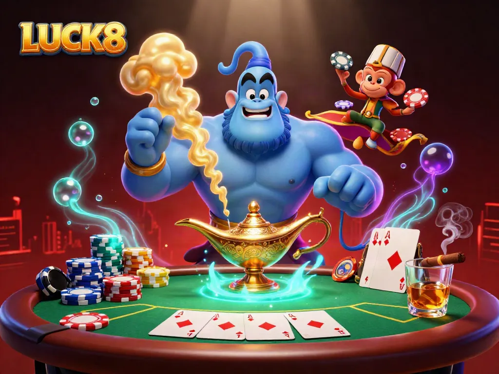 Engage with LUCK8's vibrant casino world, featuring a magic genie and poker chips.