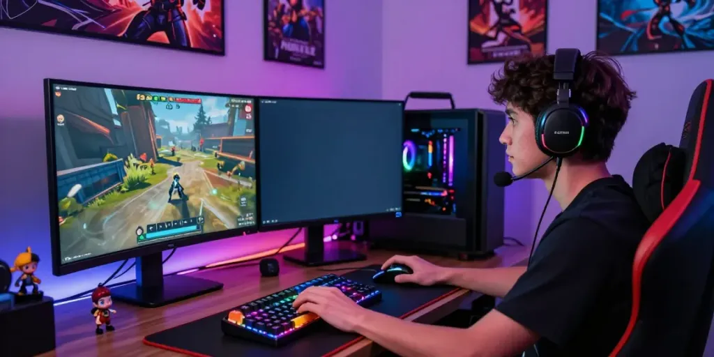Engaged player gaming on a high-performance PC setup showcasing singatoto gaming elements.