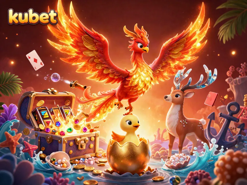 Kubet players enjoy rich rewards with a dynamic visual of a phoenix, games, and treasures.
