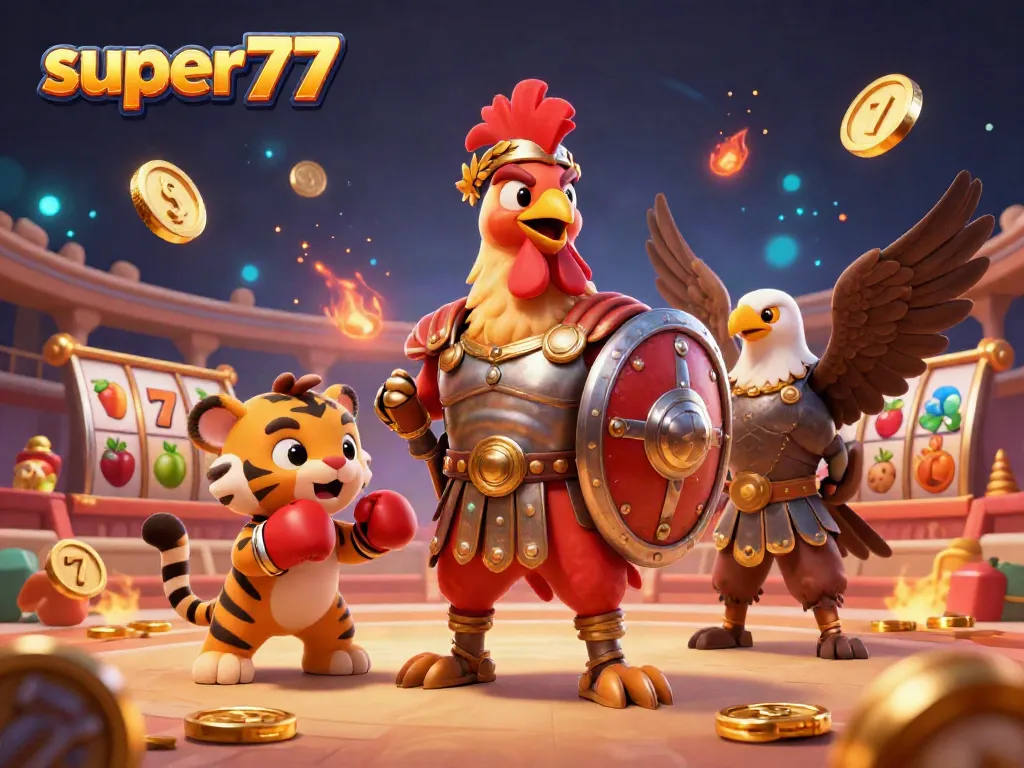 Engage with super77 as the gladiator rooster and tiger cub delight in an exciting slot game arena.
