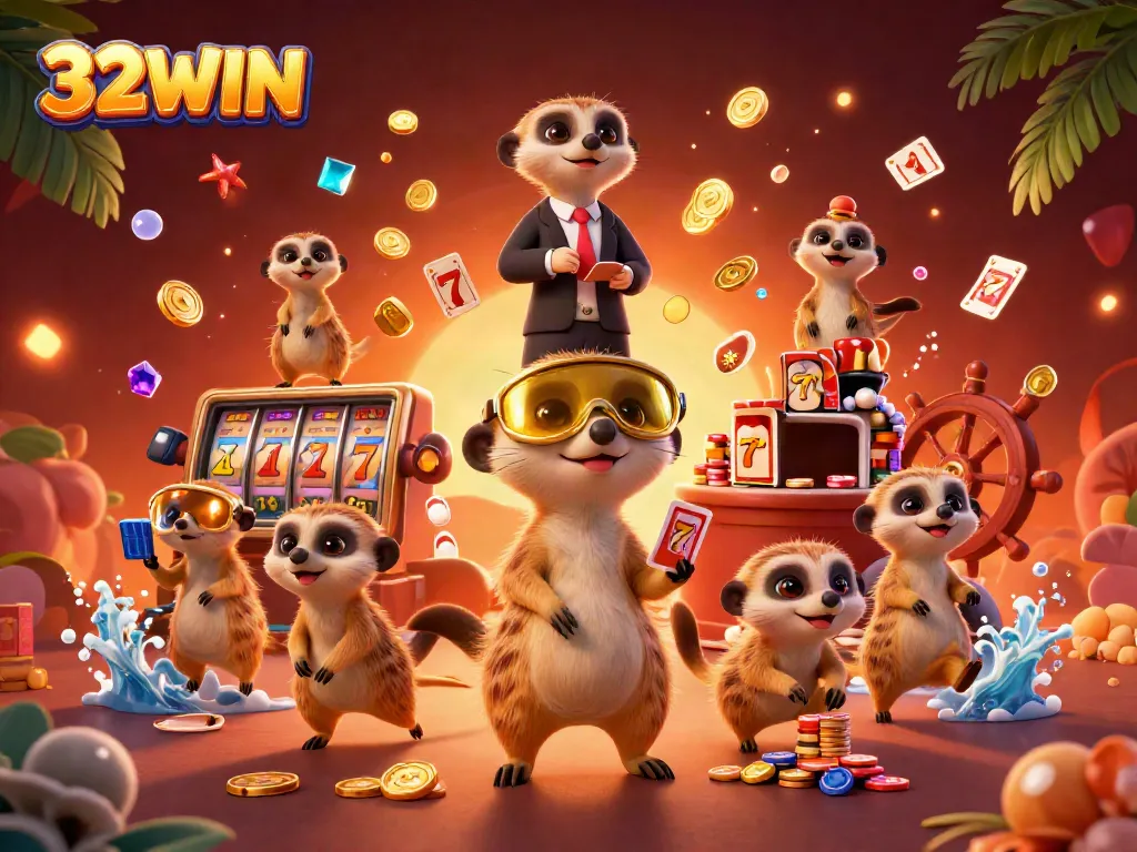 Experience thrilling gaming at 32WIN with unique meerkat characters running a vibrant casino adventure.