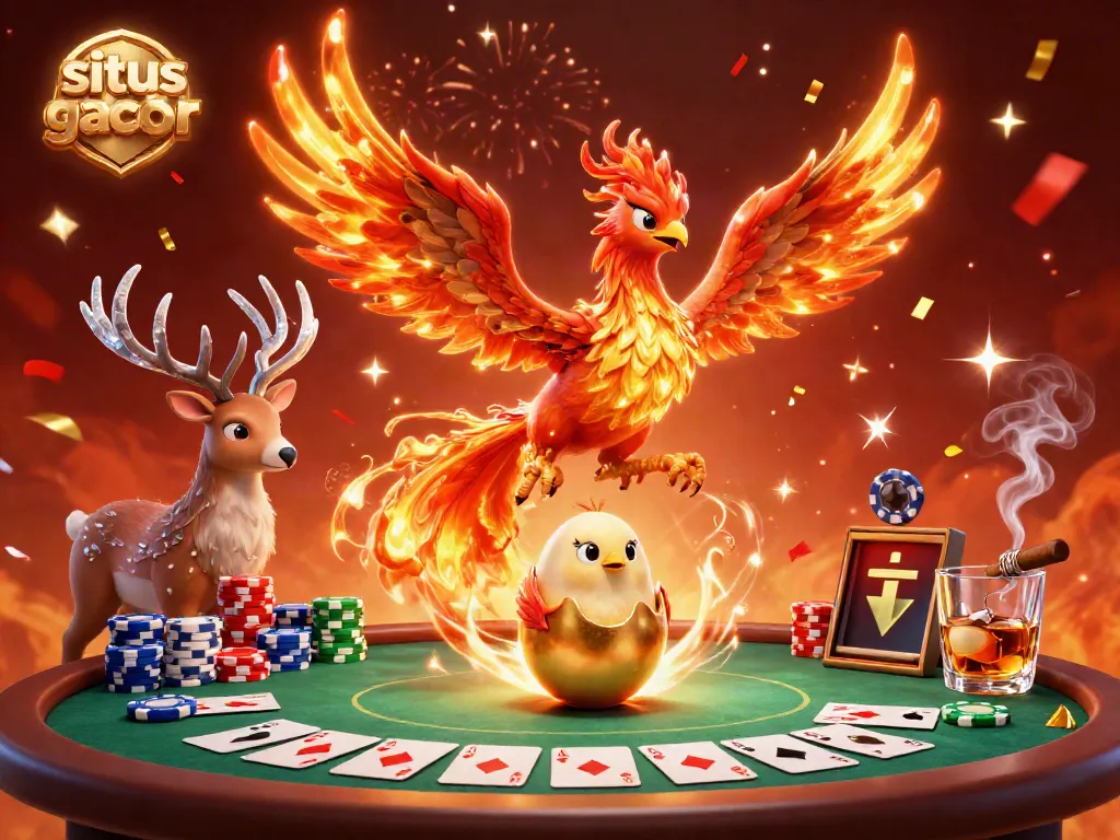 Permainan di situs slot gacor, phoenix berapi dan simbol keberuntungan memeriahkan suasana taruhan.