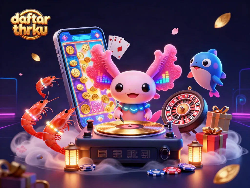 Engage with daftar thrku as a vibrant neon axolotl DJ spins and coins erupt in an underwater casino.