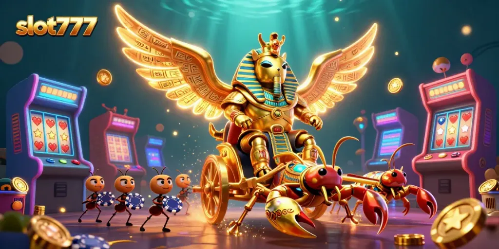 Mainkan slot777 dengan kolosal scarab emas dan simbol jackpot menawan.