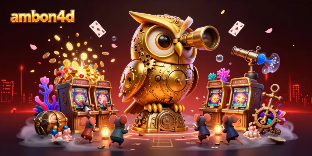 Experience the thrill of ambon4d with an immersive casino scene featuring a golden owl, vibrant slots, and treasure-filled elements.