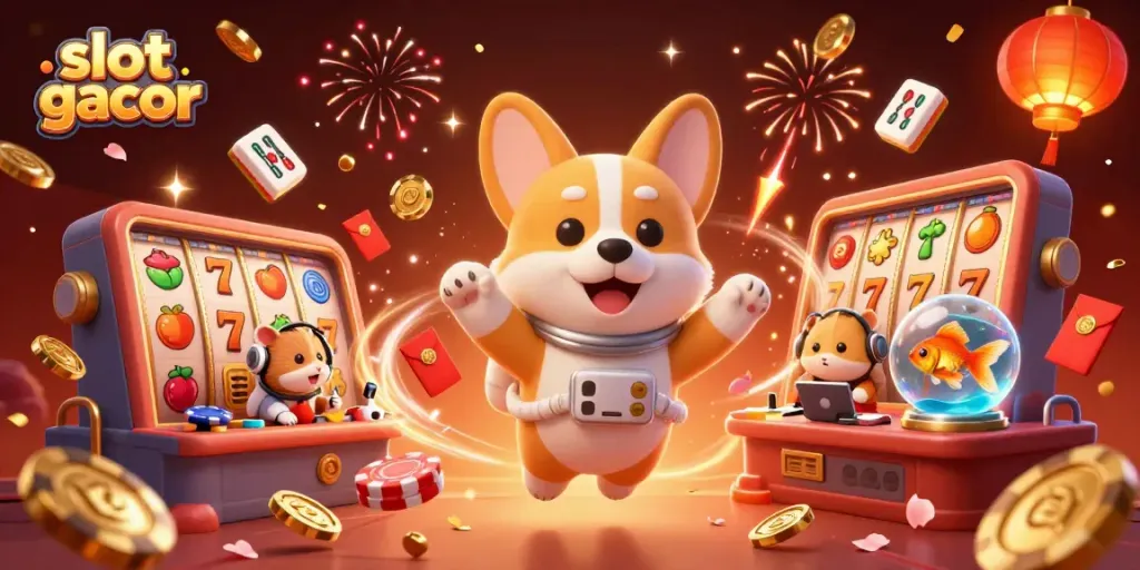 Engage with slot gacor showcases in a playful 3D casino scene featuring an astronaut corgi and dynamic elements.