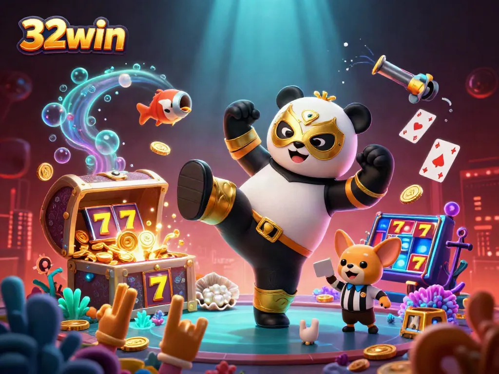 Engage with thrilling casino games at 32win, featuring dynamic action from colorful characters and slot elements.