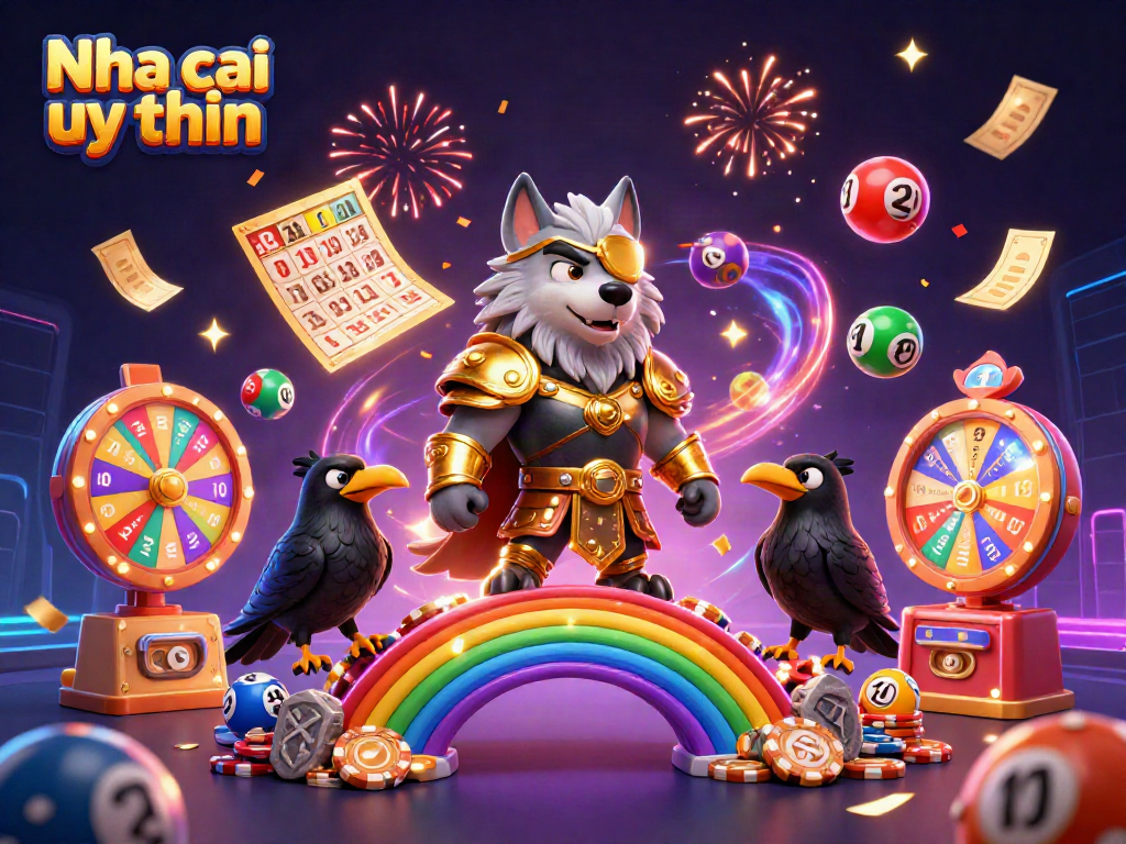 Engage with Nha cai uy tin amidst a vibrant 3D casino scene featuring lottery elements and mythical characters.