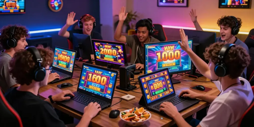 Engaging online gaming moment with players enjoying proplay88 slot games, colorful graphics, and animated interfaces.