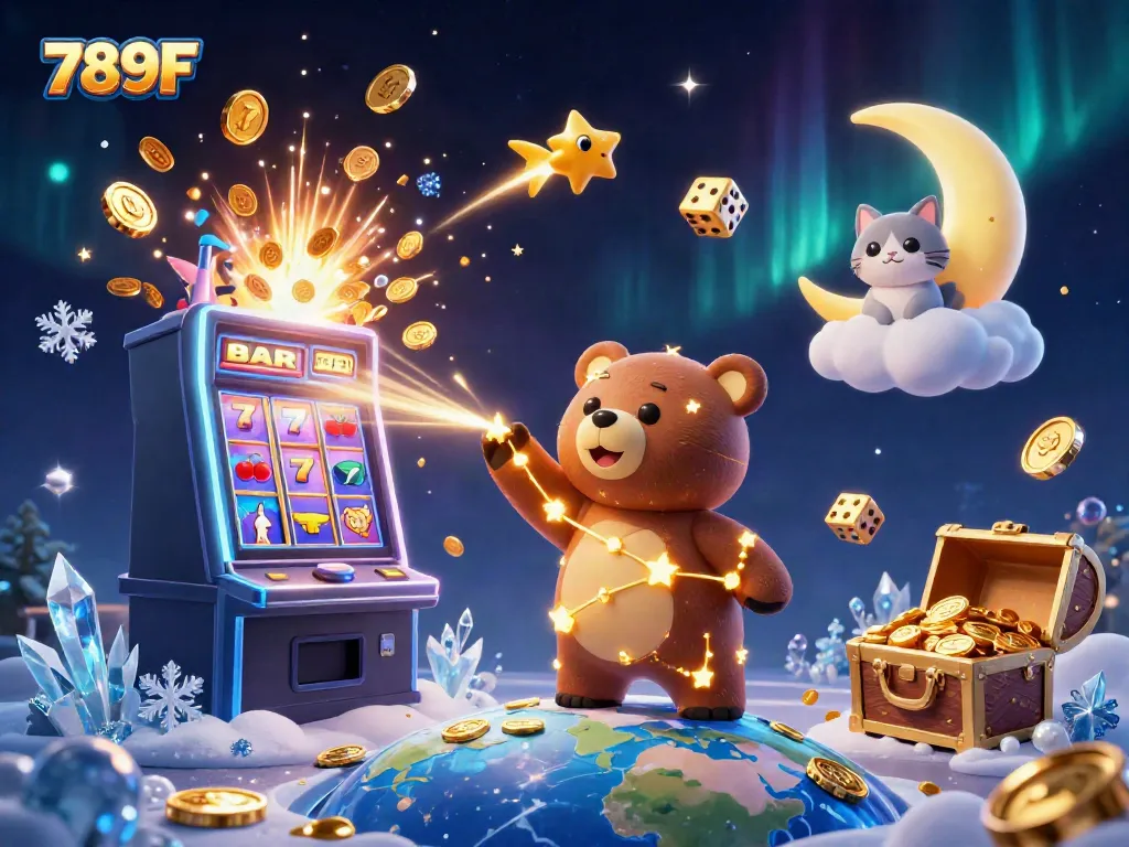 Experience the dazzling world of 789F with a sparkling 3D casino illustration full of winning treasures.