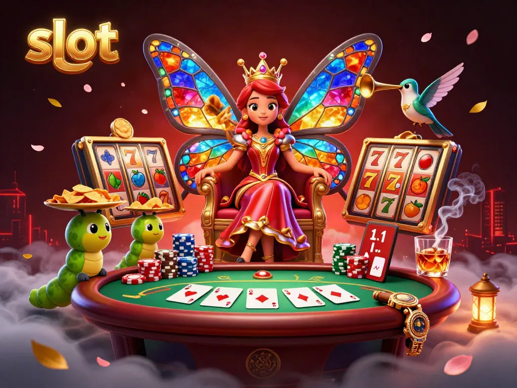Slot memukau dengan ratu kupu-kupu dan elemen kasino yang berkilauan.