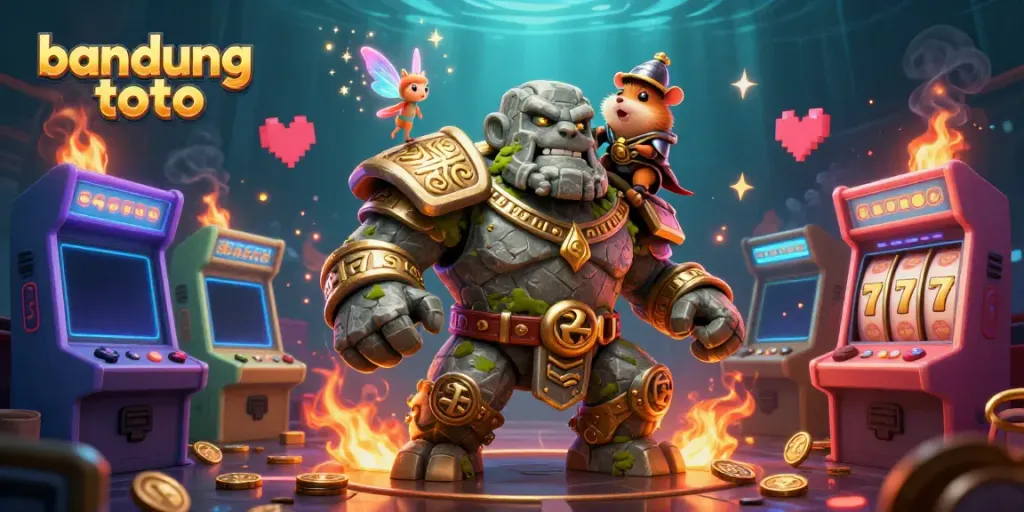 Engage with bandung toto's thrilling slots as a golem guardian and magical fairy create a vibrant casino world.